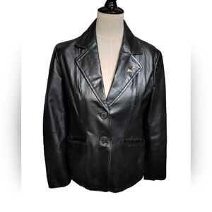 (1471) Metro Style Women's Two Buttons Black Leather Blazer Jacket